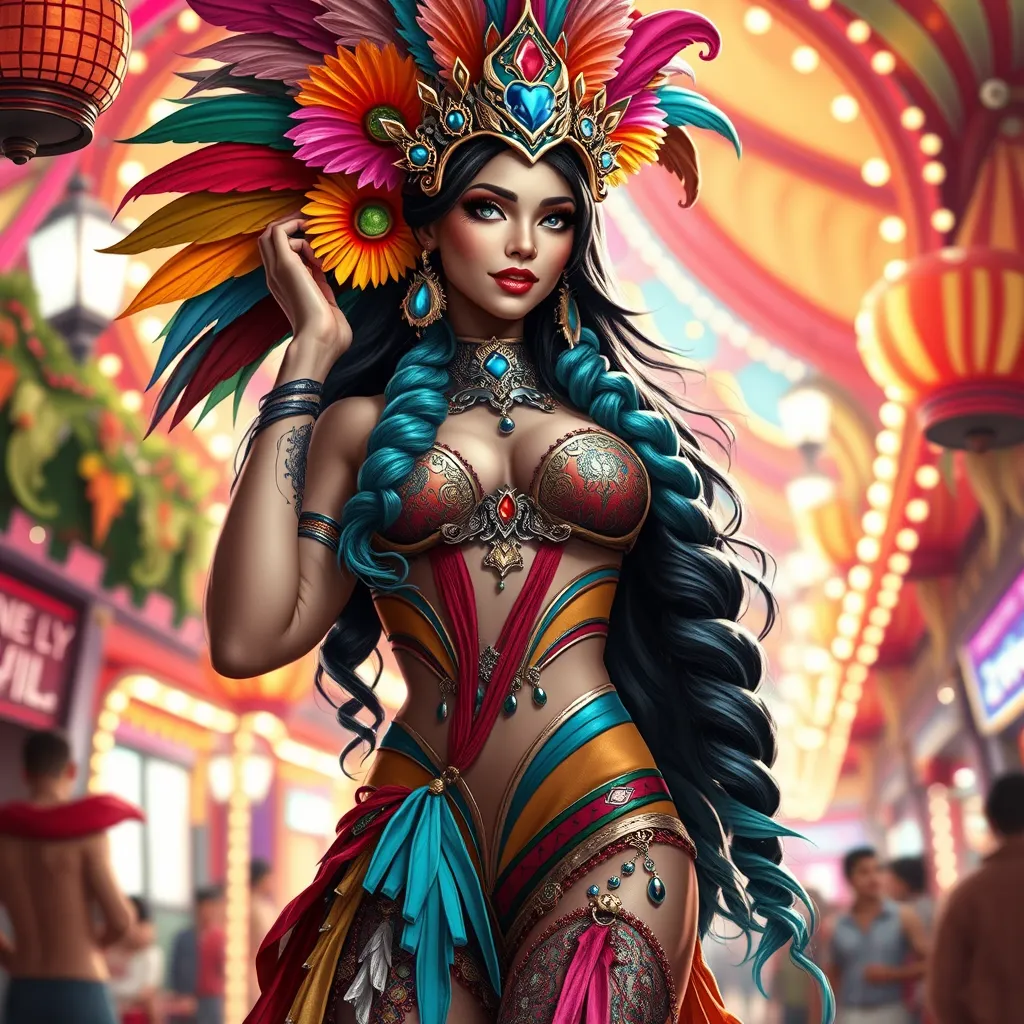 Akali in a vibrant, colorful carnival setting, dressed in a costume that combines elements of her cultural heritage with carnival flair, surrounded by festive lights and decorations.