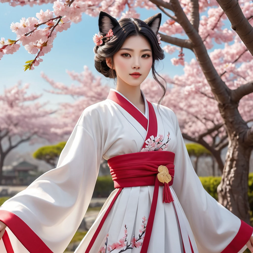 A mesmerizing Ahri, her attire a blend of traditional Korean hanbok and modern elegance, standing in a serene garden of cherry blossoms, the wind gently stirring her garments, enhancing her graceful and alluring presence.