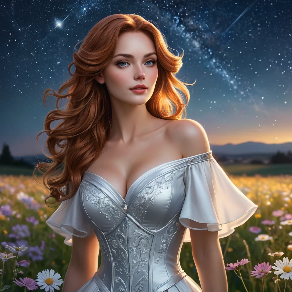 An ethereal Miss Fortune, surrounded by a halo of soft, glowing light, standing amidst a field of wildflowers under a starry night sky, her expressions softened, showcasing a rare moment of tranquility and beauty.