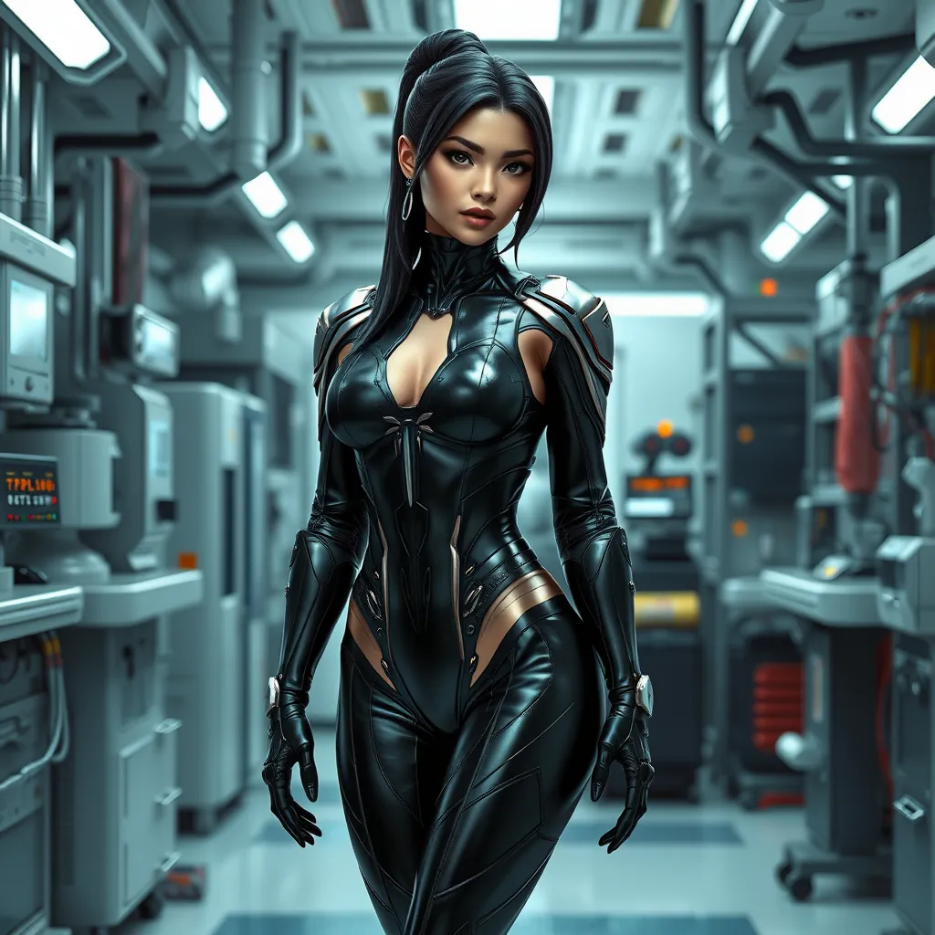 Akali in a cybernetic black leather suit, her body enhanced with metallic accents, standing in a futuristic laboratory filled with high-tech equipment.