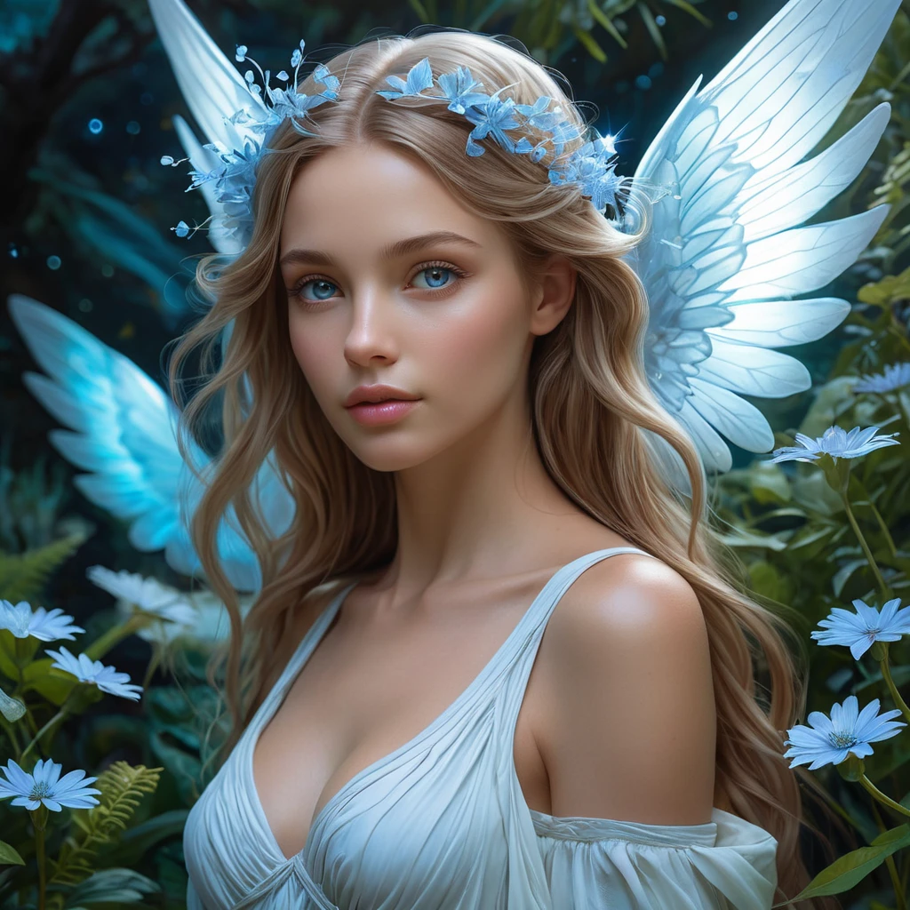 Seraphine, the angelic muse, depicted in a tranquil garden where bioluminescent plants illuminate her ethereal beauty, her eyes reflecting the cosmos, Stable Diffusion SDXL