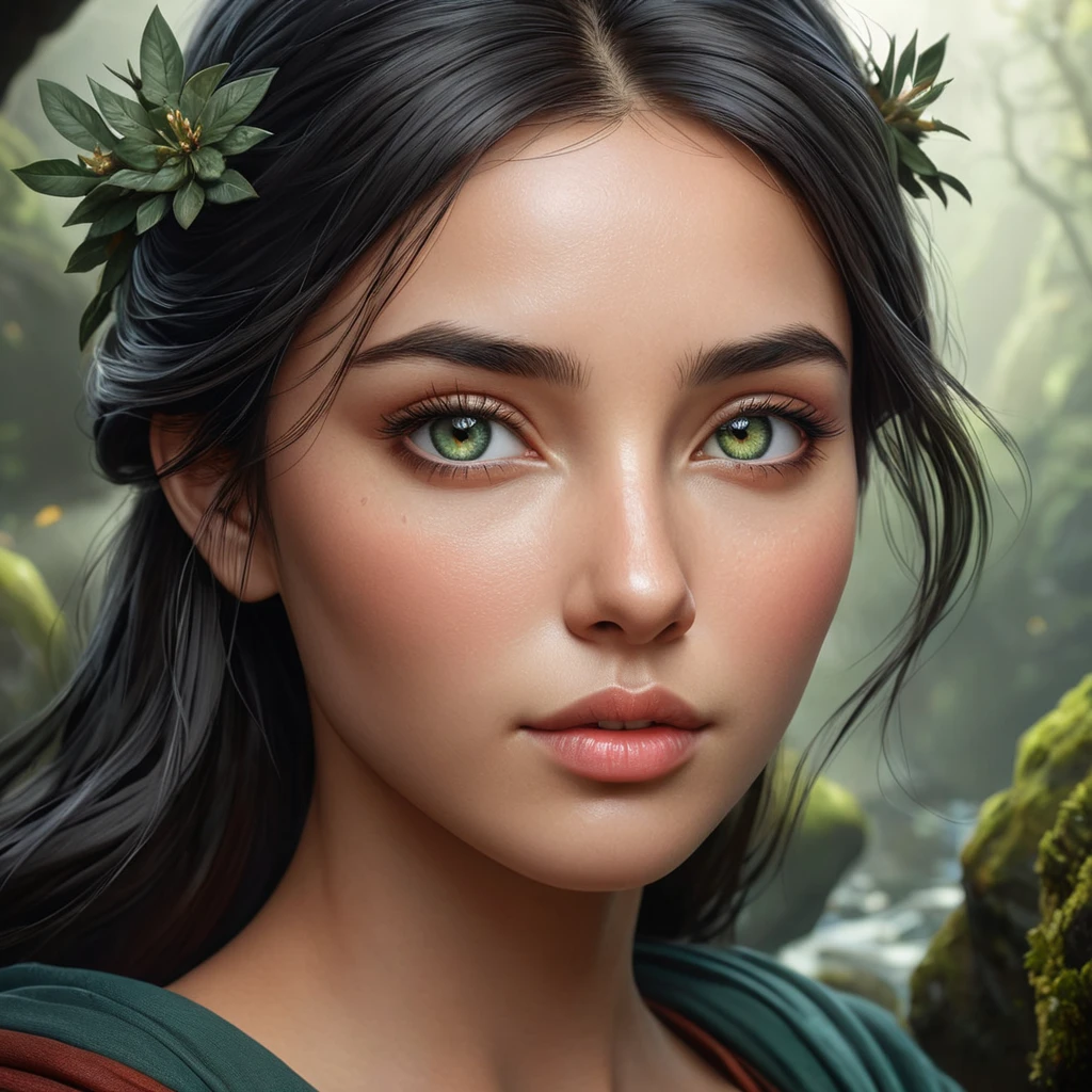 An ultra-realistic digital portrait of Irelia, her eyes shimmering with an inner fire, set against a backdrop of ancient, moss-covered stones, symbolizing her connection to the earth and resilience.