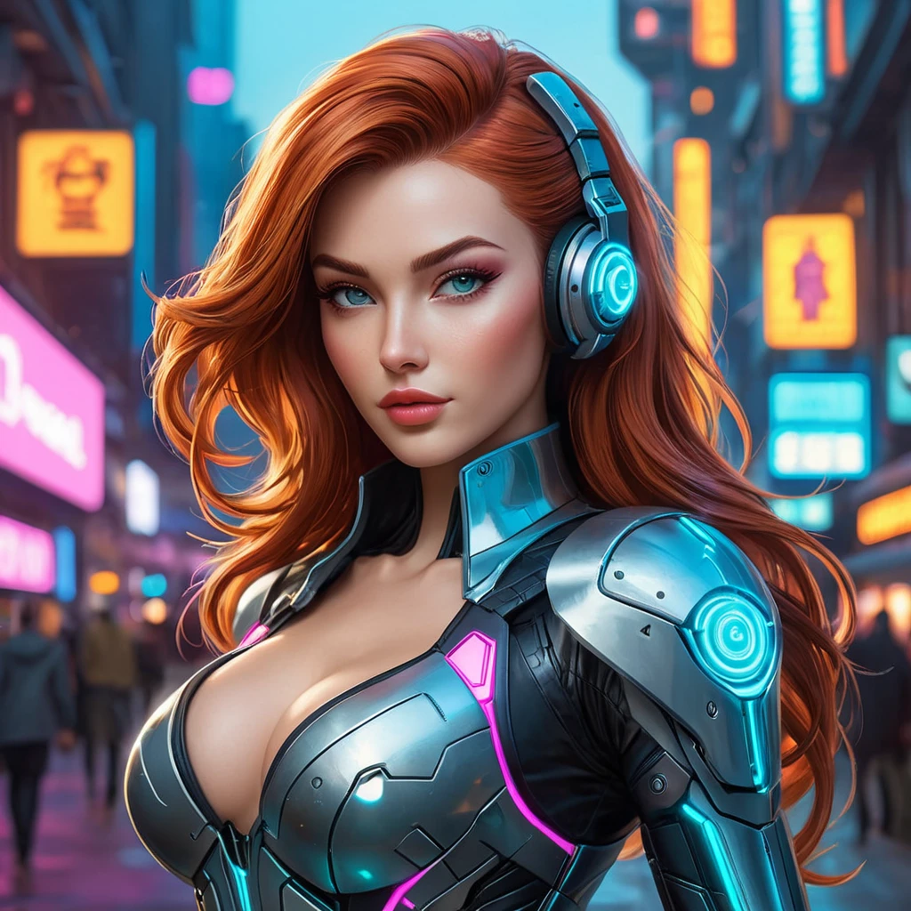 Miss Fortune in a futuristic, cyberpunk cityscape, neon lights reflecting off her cybernetic enhancements, her classic attire fused with high-tech elements, emphasizing her as a symbol of strength and adaptability in a changing world.