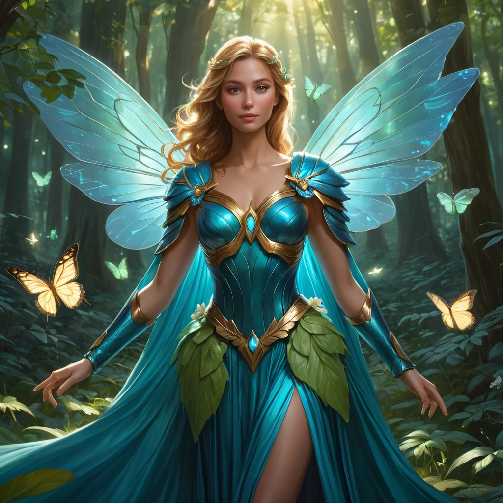 Imagine Kayle in a serene forest glade, her armor transformed into a gown of leaves and flowers, her wings shimmering with bioluminescent light, as she gently touches a glowing butterfly floating by.