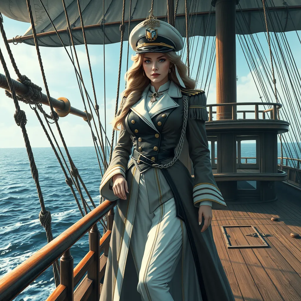 A regal Miss Fortune, dressed in a luxurious, old-world naval captain's attire, standing on the deck of a grand, antique ship, the ocean beneath her calm and serene, highlighting her leadership and maritime prowess.