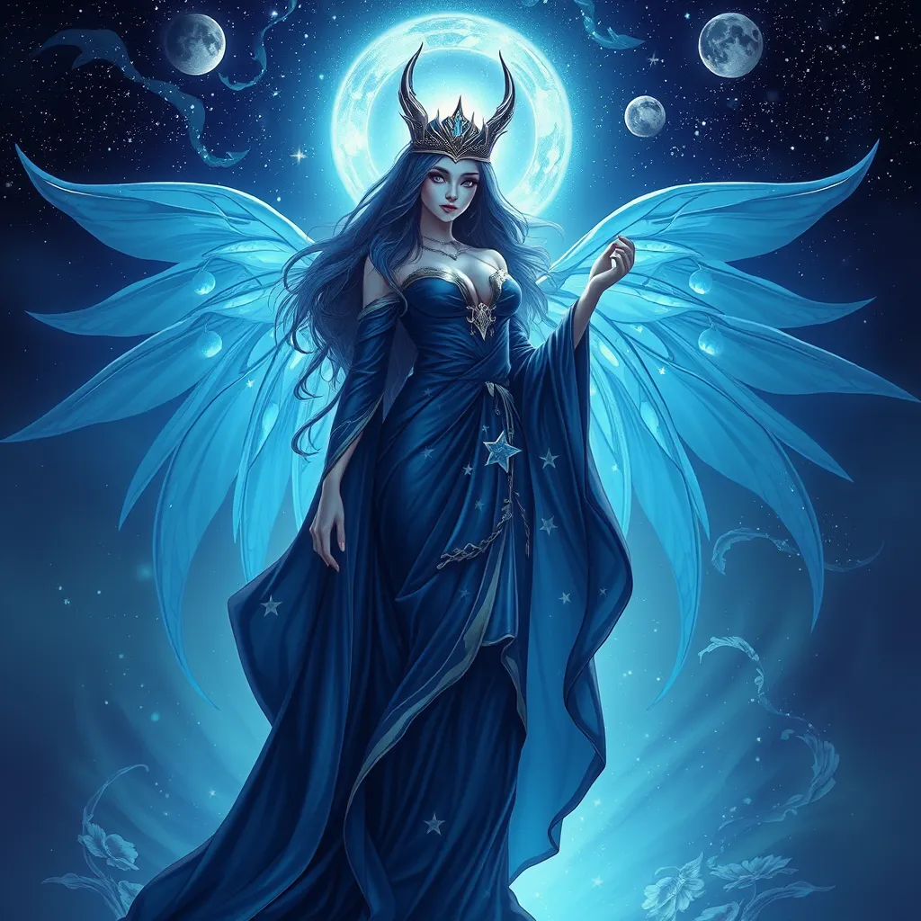 An enchanting Ahri, her form draped in a flowing, ethereal gown of midnight blue, adorned with stars and moons, standing beneath a celestial canopy, her eyes reflecting the cosmos, embodying cosmic allure.