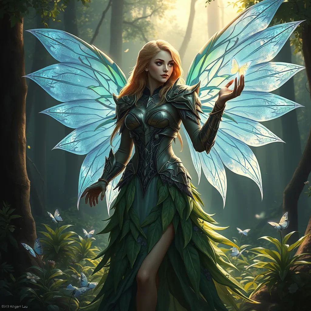 Imagine Kayle in a serene forest glade, her armor transformed into a gown of leaves and flowers, her wings shimmering with bioluminescent light, as she gently touches a glowing butterfly floating by.