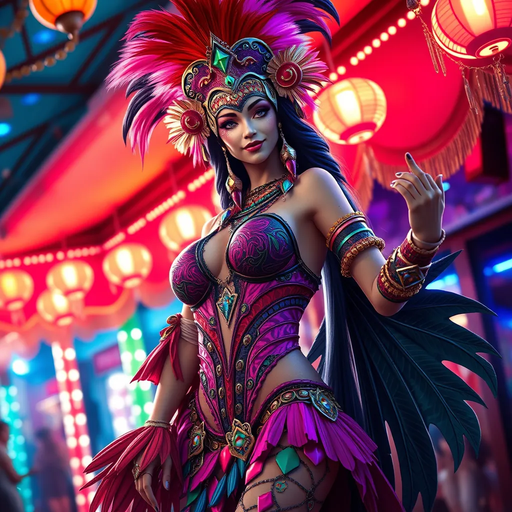 Akali in a vibrant, colorful carnival setting, dressed in a costume that combines elements of her cultural heritage with carnival flair, surrounded by festive lights and decorations.