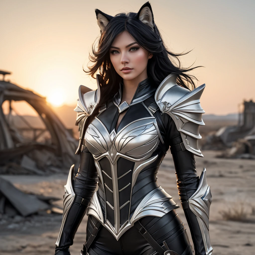 A captivating Ahri, her body wrapped in intricate, black leather armor, detailed with silver accents, standing in a desolate, post-apocalyptic wasteland, the setting sun casting long shadows that highlight her powerful stance.