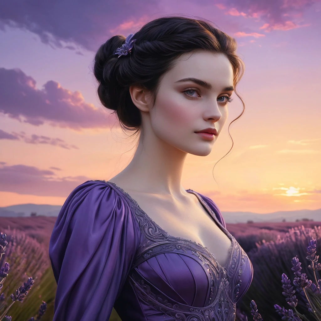 Morgana, the embodiment of twilight, stands in a field of lavender under a sky painted with the hues of dusk, her silhouette softly illuminated by the last rays of the setting sun, portrayed in a soft, dreamy pastel style.