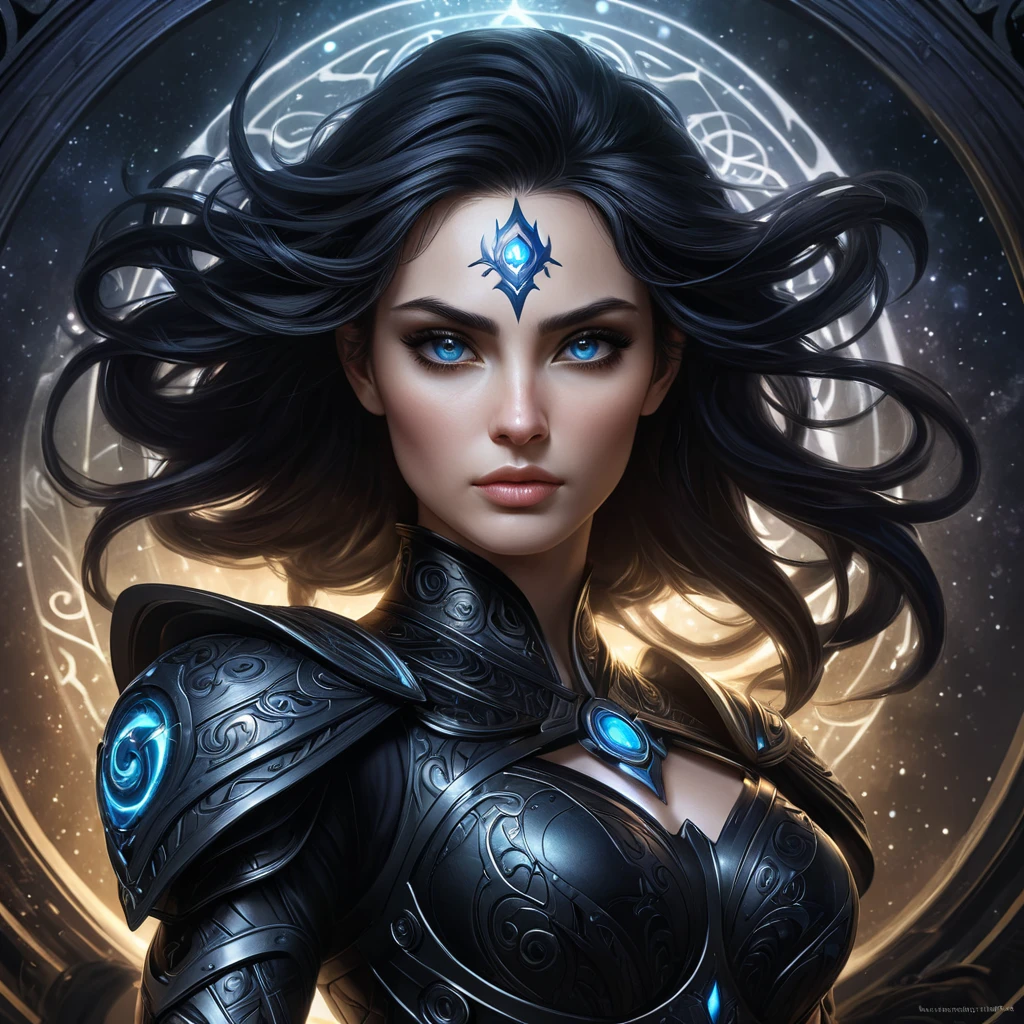 A stunning Morgana, with intricate, dark, and mystical armor adorned with glowing runes, stands amidst a swirling vortex of shadows and stars, her eyes piercing through the darkness with a fierce intensity, digital art style.