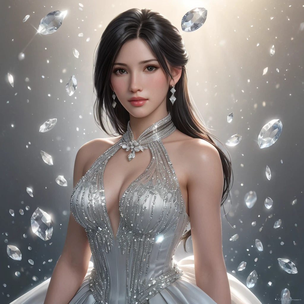 Tifa Lockhart in a classic, elegant dress, surrounded by floating crystals and soft, ethereal light, her expression calm and composed, capturing a moment of peace and reflection