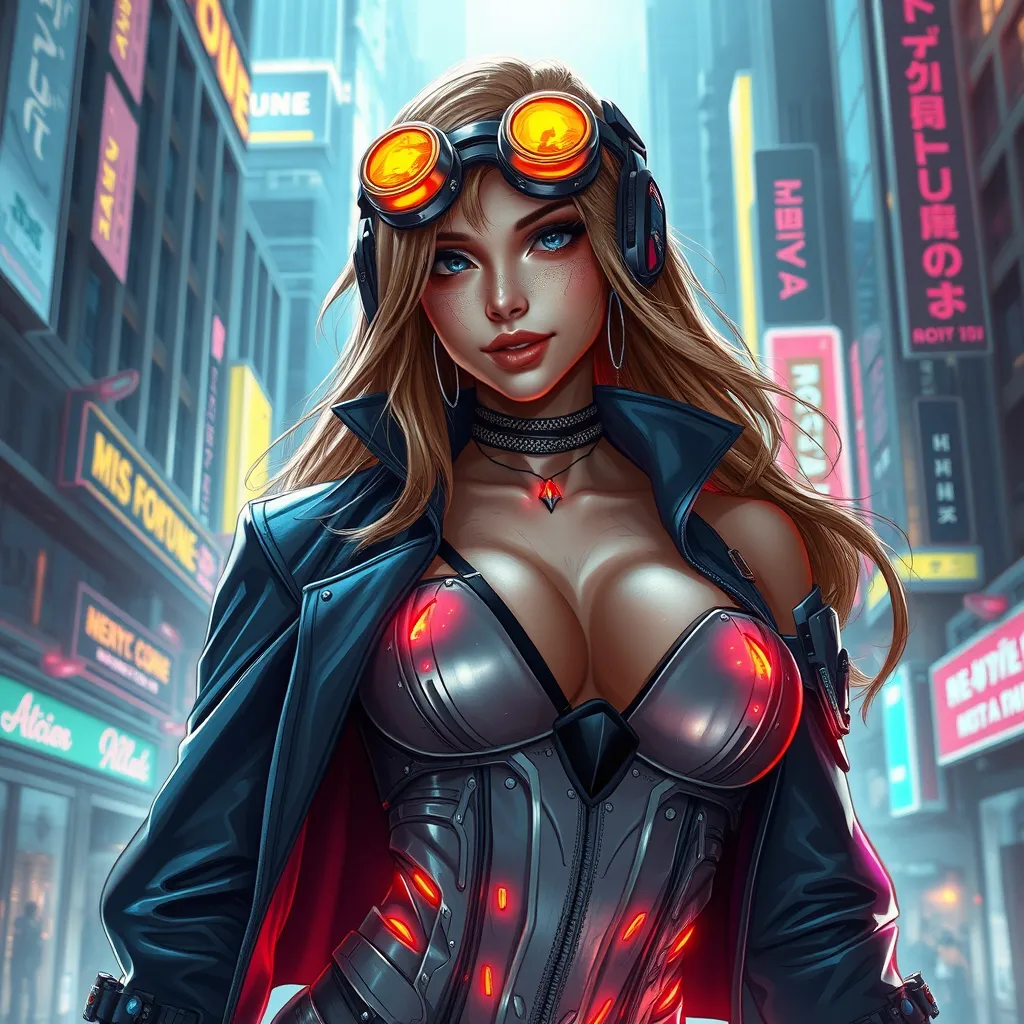 Miss Fortune in a futuristic, cyberpunk cityscape, neon lights reflecting off her cybernetic enhancements, her classic attire fused with high-tech elements, emphasizing her as a symbol of strength and adaptability in a changing world.