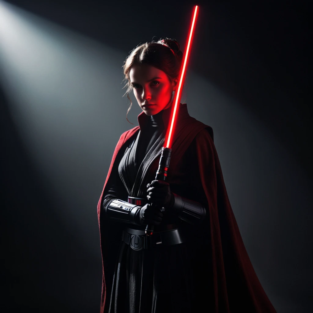 Portrait of a silhouette star wars figure in her red lightsaber, in the style of evocative environmental portraits, dark, red