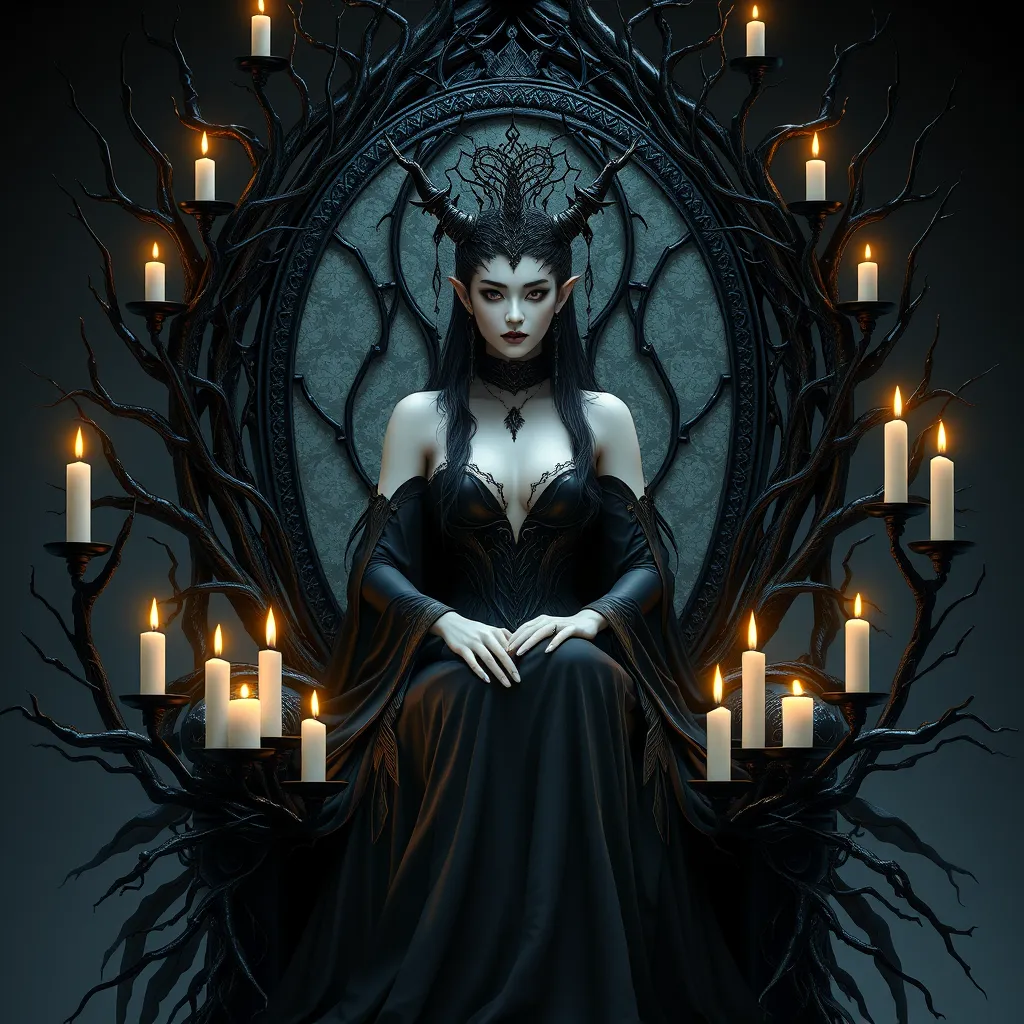 Morgana, depicted as a queen of the night, seated on a throne crafted from twisted black branches, her skin pale as moonlight, eyes glowing with an inner fire, surrounded by a halo of flickering candles,油画风格.