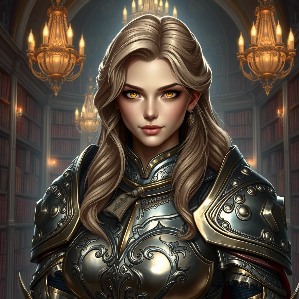 A portrait of Fiora, the noble warrior, in a grand library filled with ancient tomes, her armor gleaming under the soft light of chandeliers, her eyes sharp and focused, rendered in high detail