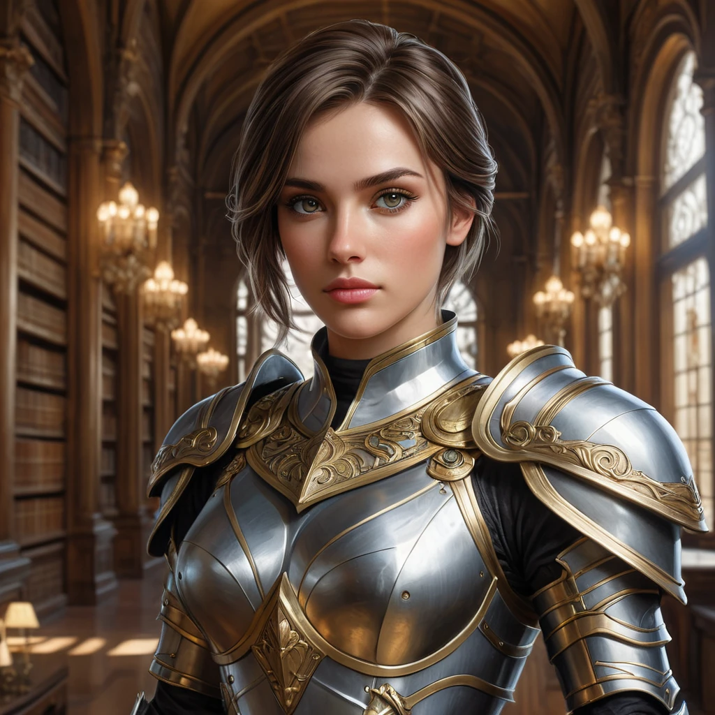 A portrait of Fiora, the noble warrior, in a grand library filled with ancient tomes, her armor gleaming under the soft light of chandeliers, her eyes sharp and focused, rendered in high detail