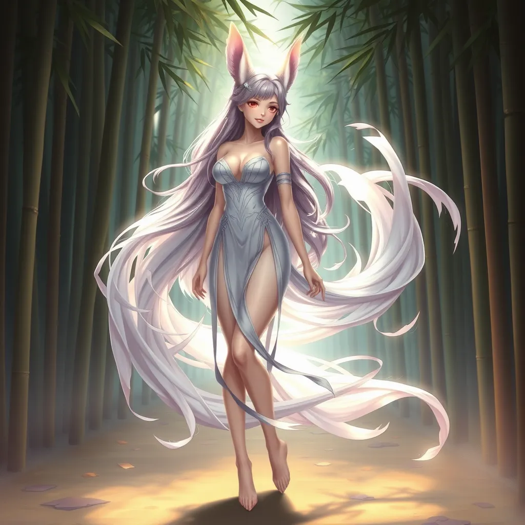 Ahri, portrayed in a playful style, with flowing, translucent tails and a gentle, serene expression, standing in a tranquil bamboo forest at dawn, the soft light enhancing her delicate features.