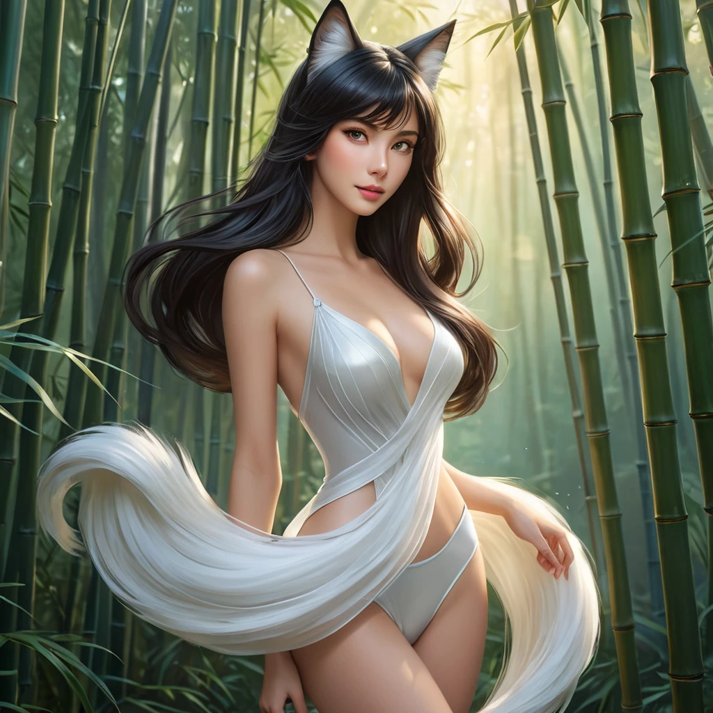 Ahri, portrayed in a playful style, with flowing, translucent tails and a gentle, serene expression, standing in a tranquil bamboo forest at dawn, the soft light enhancing her delicate features.