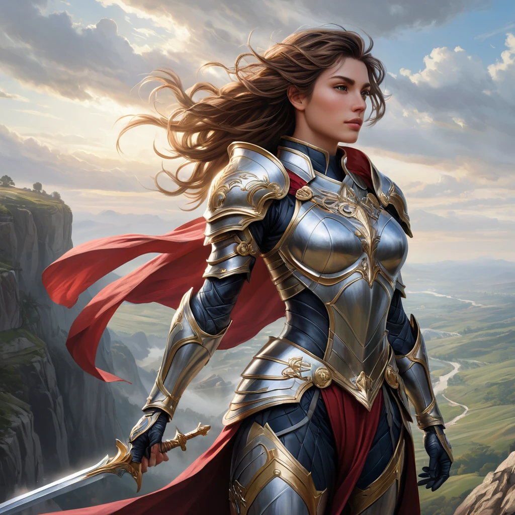 Fiora, the valiant knight, stands atop a cliff overlooking a vast, misty landscape, her armor adorned with intricate designs, the wind gently blowing her hair, captured in a realistic painting style