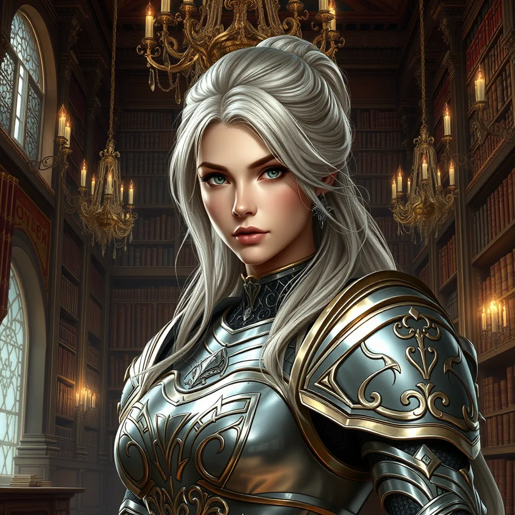 A portrait of Fiora, the noble warrior, in a grand library filled with ancient tomes, her armor gleaming under the soft light of chandeliers, her eyes sharp and focused, rendered in high detail