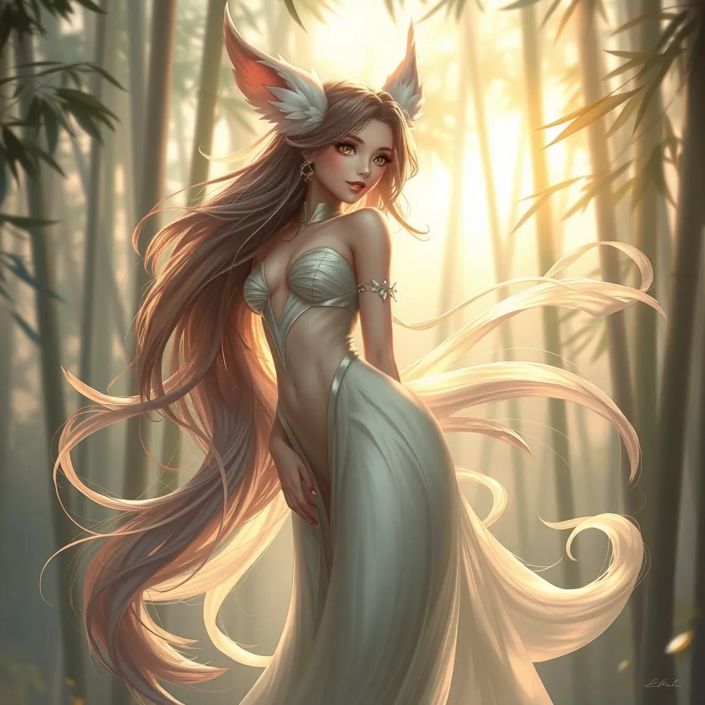 Ahri, portrayed in a playful style, with flowing, translucent tails and a gentle, serene expression, standing in a tranquil bamboo forest at dawn, the soft light enhancing her delicate features.