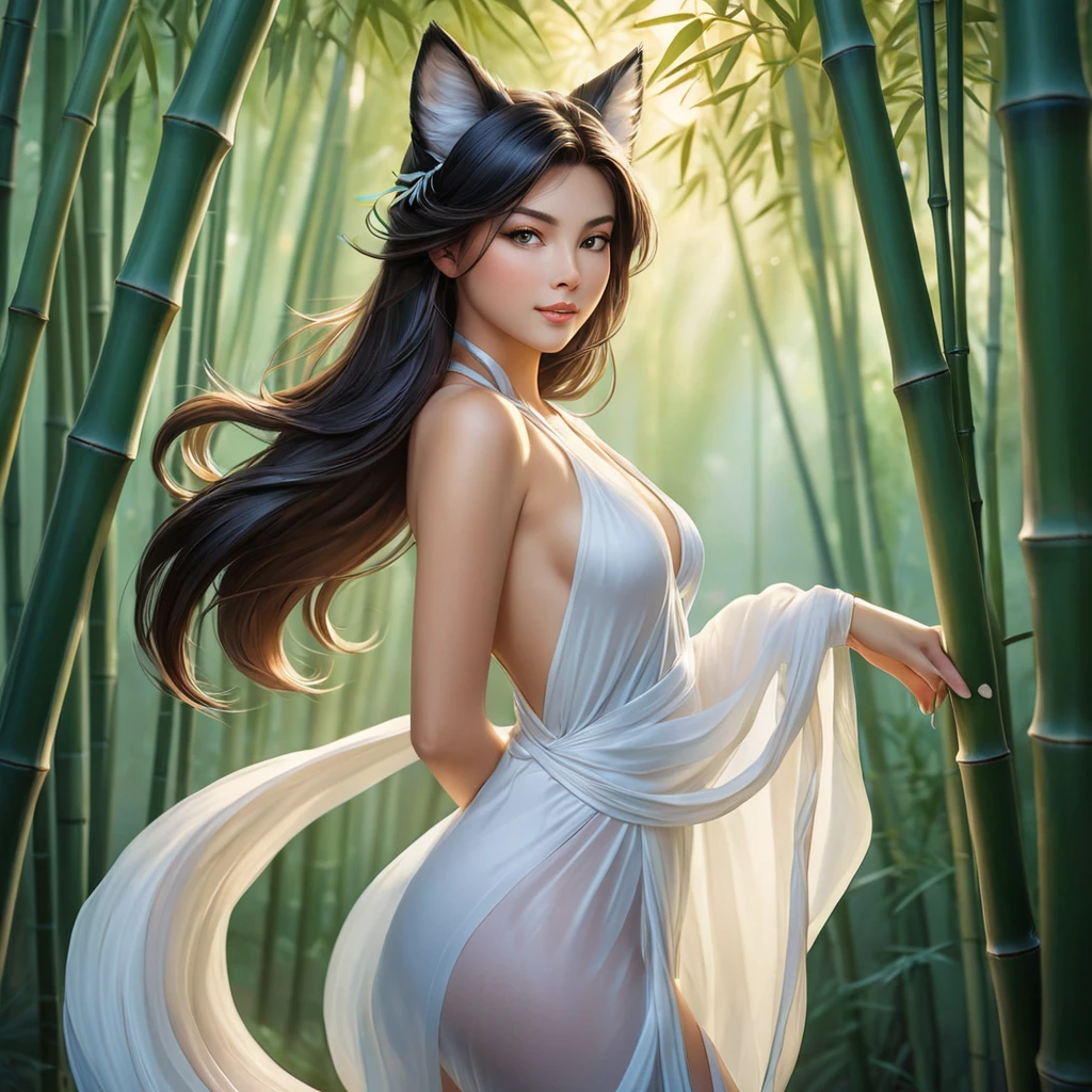 Ahri, in a playful style with flowing, translucent tails and a gentle, serene expression, standing in a tranquil bamboo forest at dawn, the soft light enhancing her delicate features.