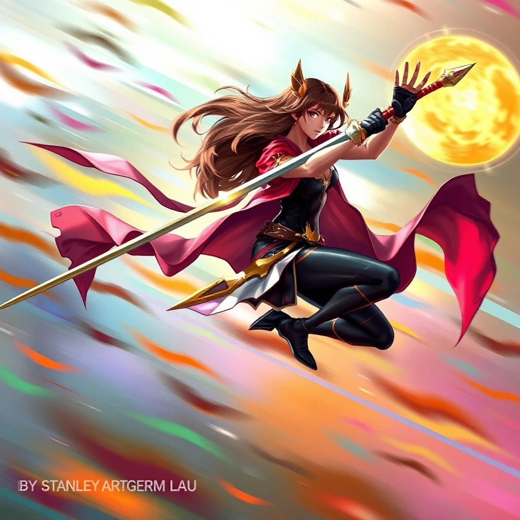 An action shot of Fiora, mid-combat, leaping through the air with her rapier poised to strike, the background a blur of vibrant colors symbolizing her dynamic movements, digital illustration