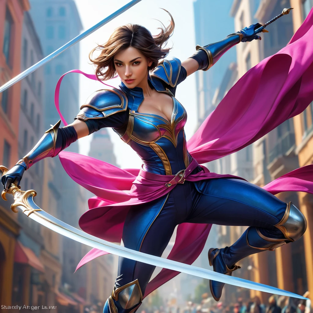 An action shot of Fiora, mid-combat, leaping through the air with her rapier poised to strike, the background a blur of vibrant colors symbolizing her dynamic movements, digital illustration