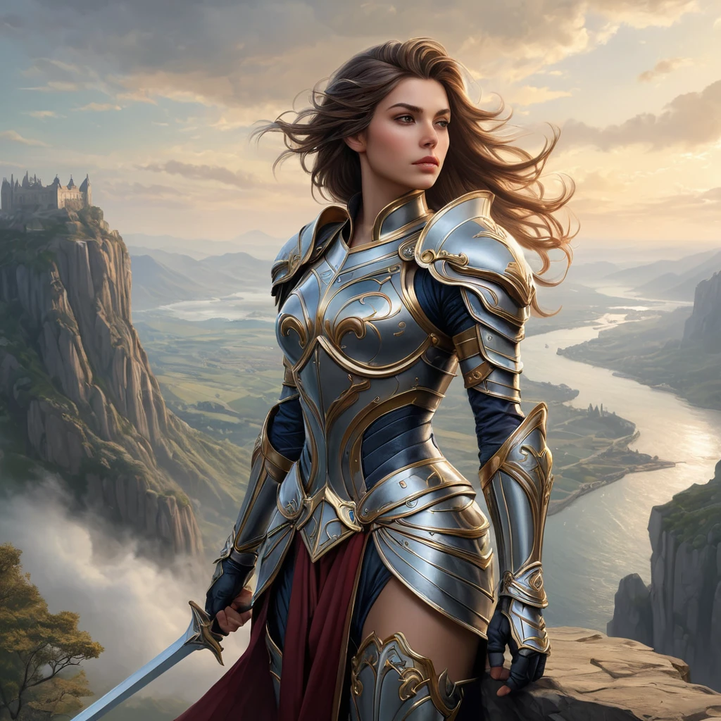 Fiora, the valiant knight, stands atop a cliff overlooking a vast, misty landscape, her armor adorned with intricate designs, the wind gently blowing her hair, captured in a realistic painting style