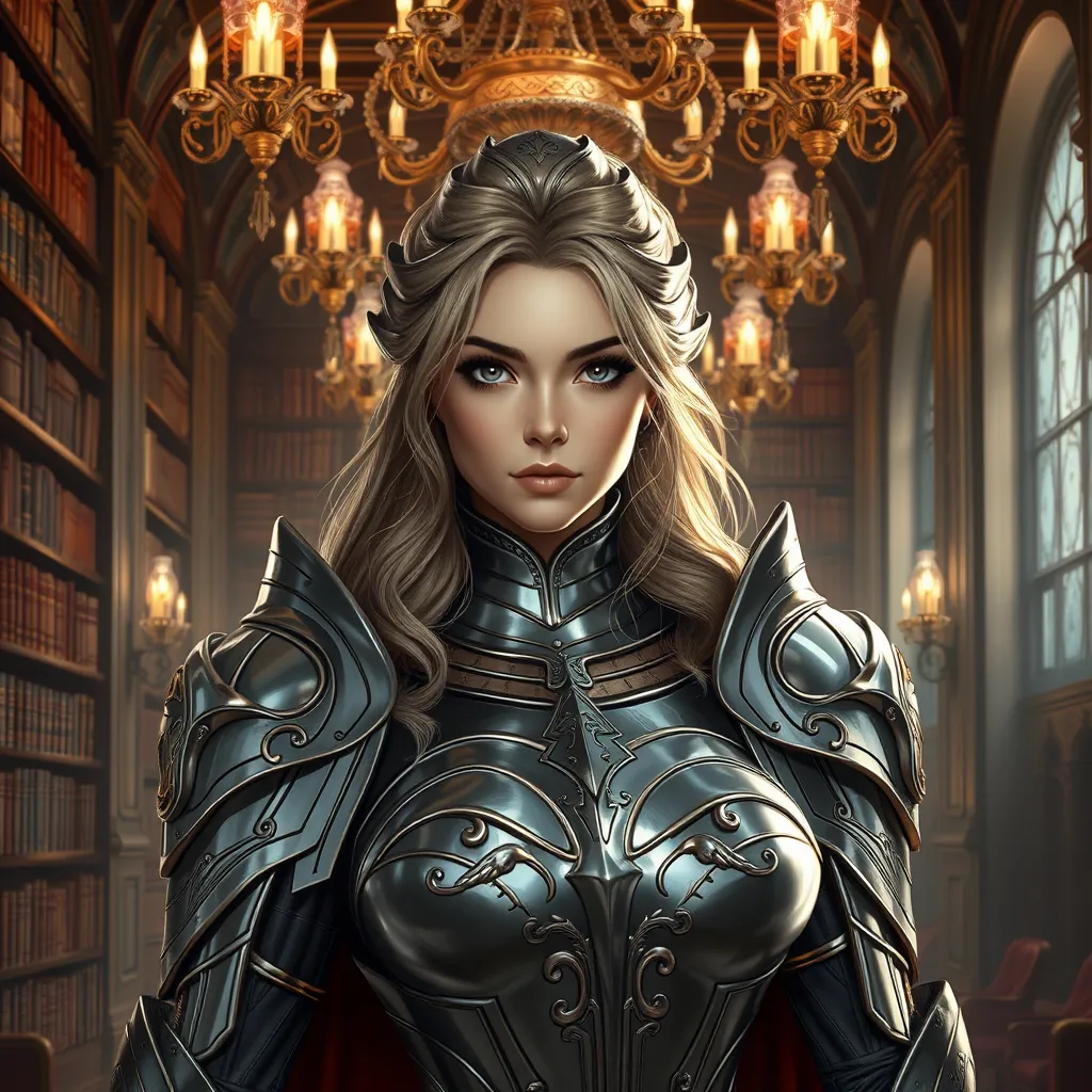 A portrait of Fiora, the noble warrior, in a grand library filled with ancient tomes, her armor gleaming under the soft light of chandeliers, her eyes sharp and focused, rendered in high detail