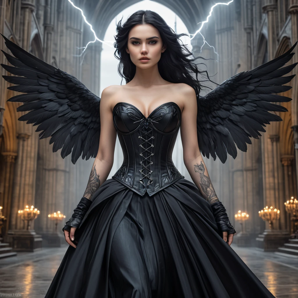 Morgana, the fallen angel, with dark, angelic-themed tattoos that cover her wings and back, wearing a dramatic, black corset and long, flowing skirt, standing in a stormy, gothic cathedral with lightning flashing outside.