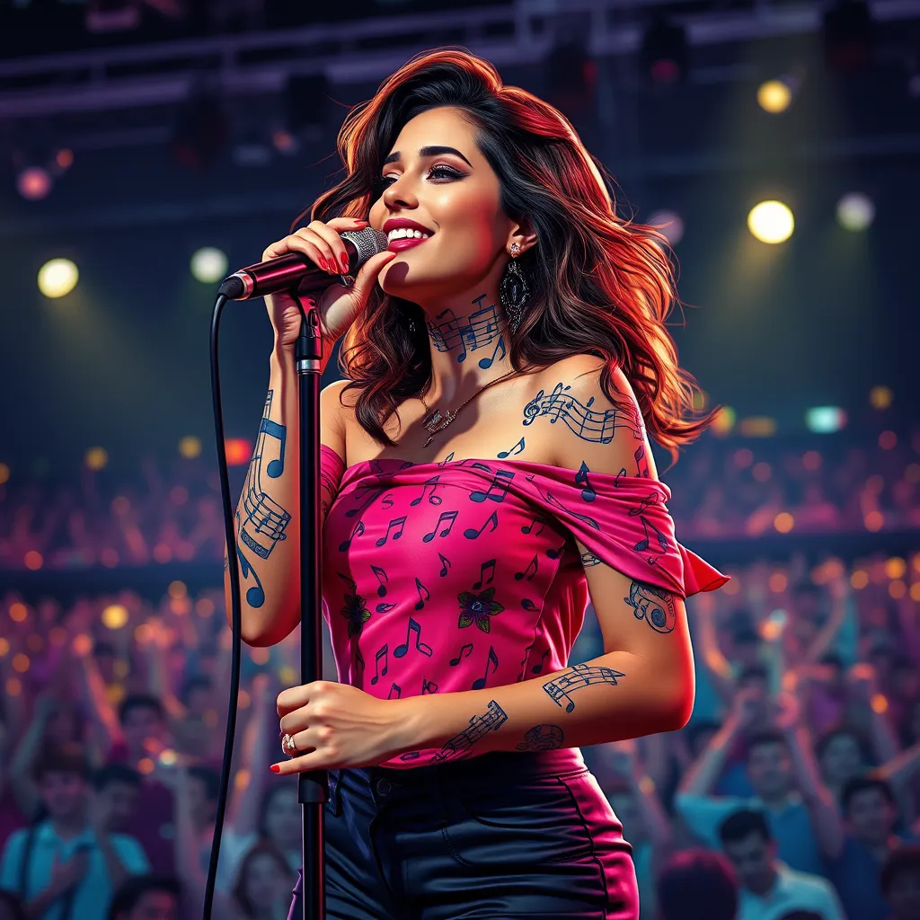 Seraphine, the spirited songstress, with colorful, musical note tattoos adorning her arms and neck, wearing a vibrant, off-the-shoulder top, performing on a stage surrounded by a sea of glowing, interactive audience lights.