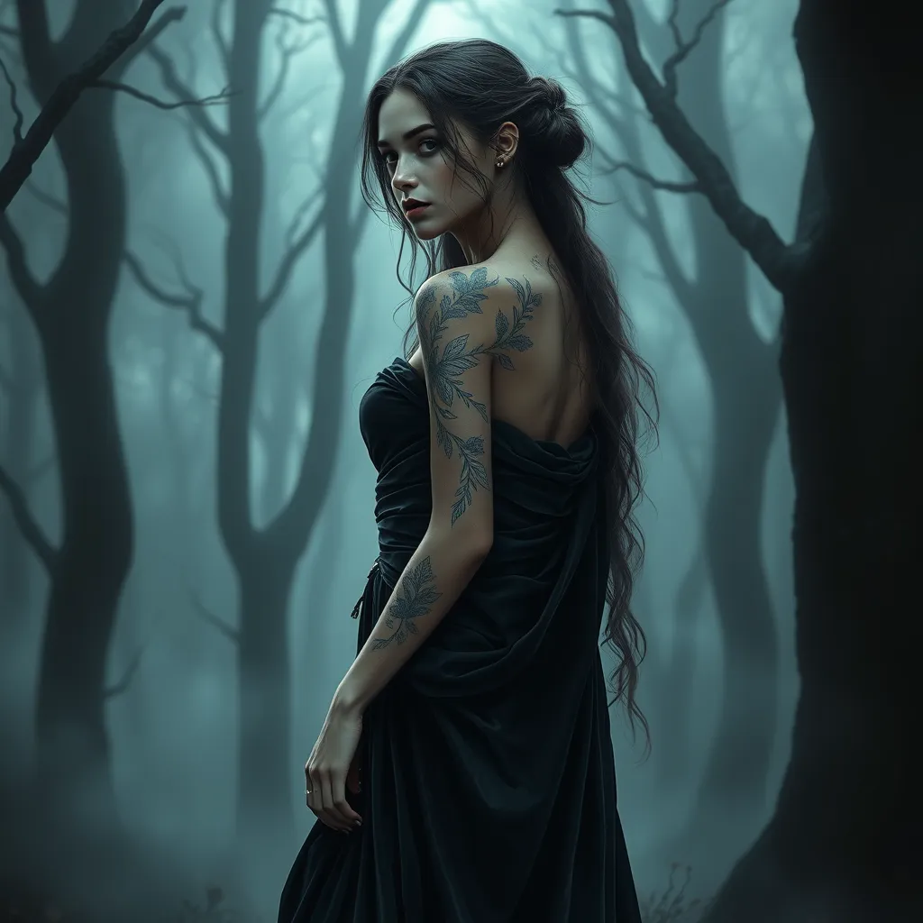 Morgana, with delicate, feather-like tattoos that flutter across her shoulders and down her spine, dressed in a flowing, dark velvet robe, standing in a misty, enchanted forest with ghostly trees surrounding her.