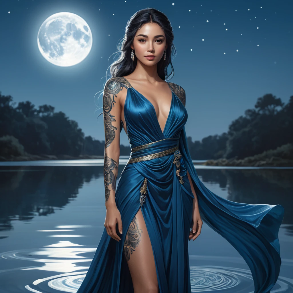 Irelia, adorned with intricate, water-inspired tattoos that wrap around her legs and torso, dressed in a flowing, blue silk dress, standing at the edge of a tranquil, moonlit lake with her blades reflecting the moonlight.