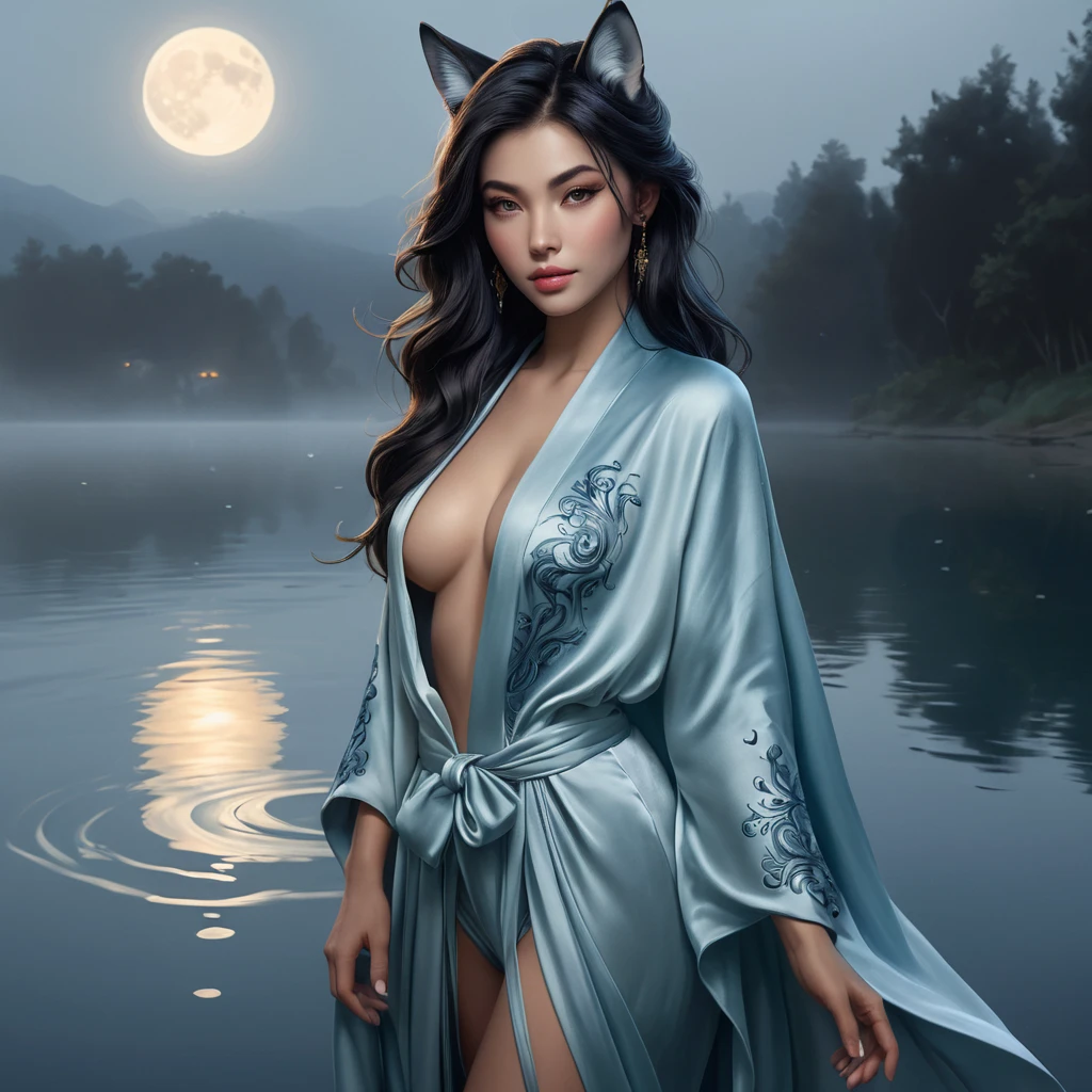 Ahri, with mystical, glowing tattoos that trace the contours of her face and ears, dressed in a flowing, silk robe that subtly reveals her ink, standing at the edge of a misty, moonlit lake.