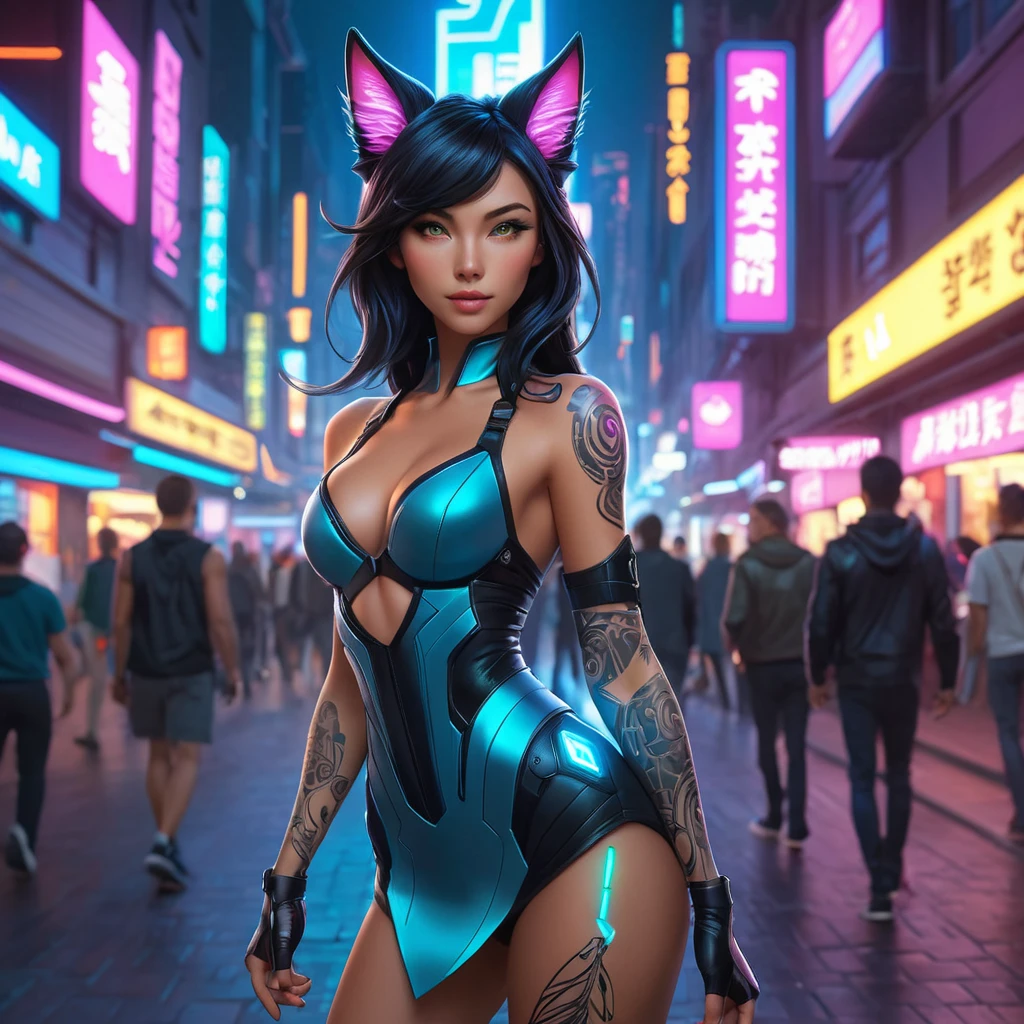 Ahri, in a futuristic, cyberpunk-inspired outfit with digital, animated tattoos that flicker with neon lights, walking down a bustling, neon-lit street of a cyberpunk city, her tail swishing playfully as she navigates the crowd.