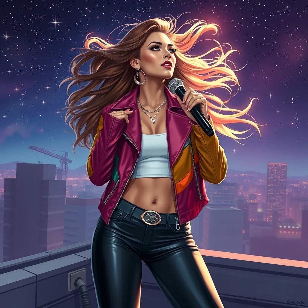 Seraphine, the vibrant songstress, wearing a vibrant, multi-colored leather jacket over a white crop top, her hair flowing freely as she performs on a rooftop stage under a starry night sky.