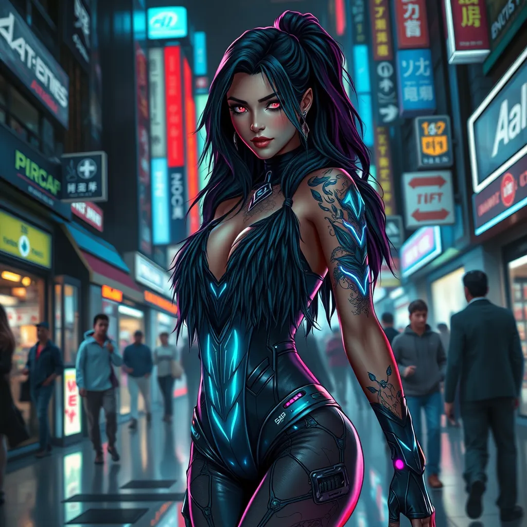 Akali, in a futuristic, cyber-leathered outfit with digital, animated tattoos that glow with neon lights, walking down a bustling, neon-lit street of a cyberpunk city, her eyes sharp and focused as she navigates the crowd.