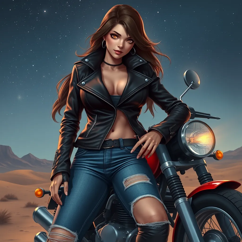 Ahri, in a daring, high-collared leather jacket paired with tight, ripped jeans, leaning against a vintage motorcycle under a starry desert sky, her eyes glowing with a mischievous spark.