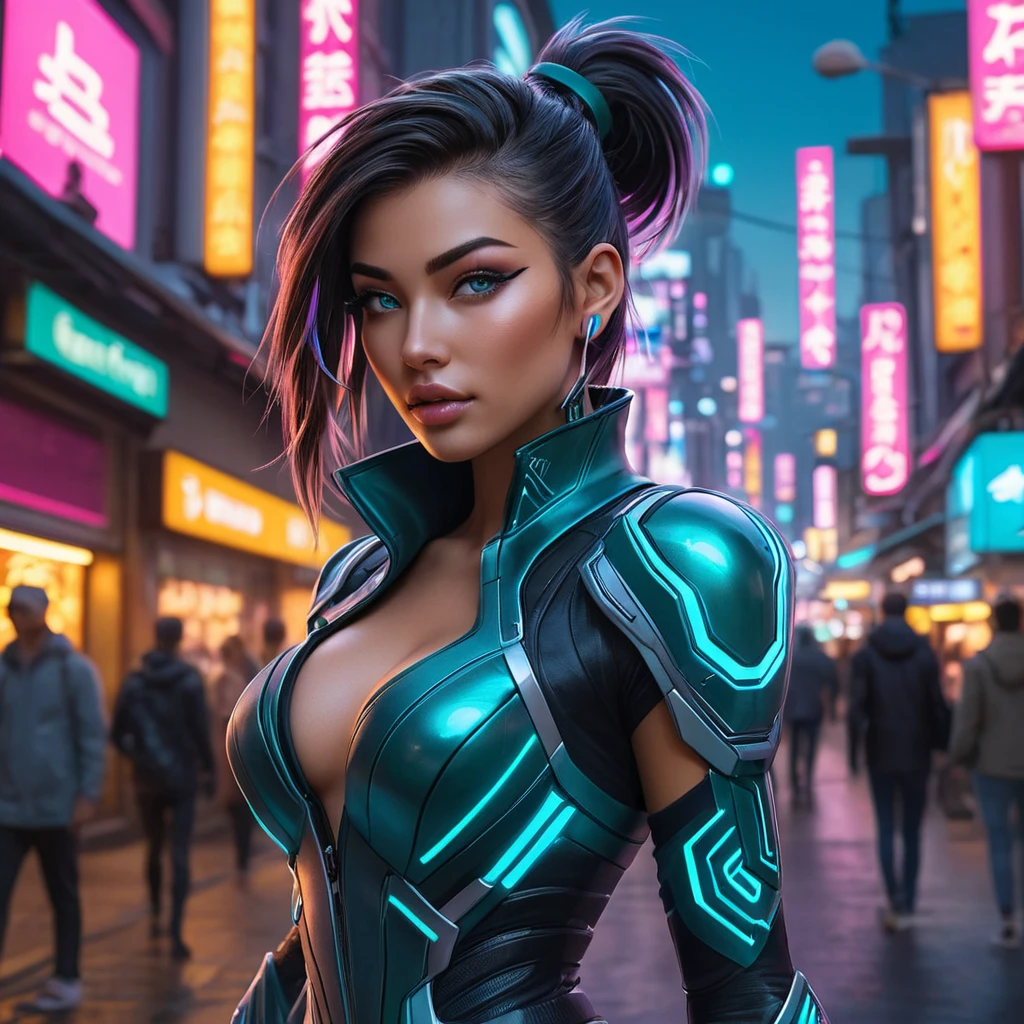 Akali, in a futuristic, cyber-leathered outfit with digital, animated tattoos that glow with neon lights, walking down a bustling, neon-lit street of a cyberpunk city, her eyes sharp and focused as she navigates the crowd.