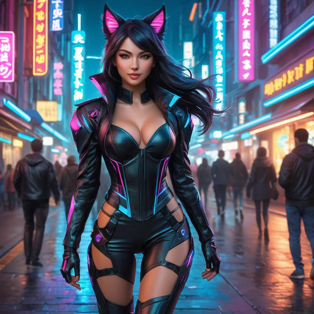 Ahri, adorned in a futuristic, cyberpunk-inspired leather ensemble with neon accents, walking down a bustling, neon-lit street of a cyberpunk city, her tail swishing playfully as she navigates the crowd.