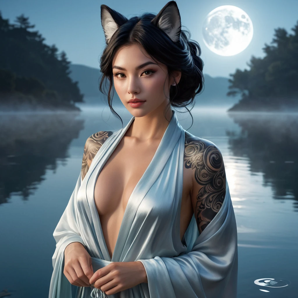 Ahri, with mystical, glowing tattoos that trace the contours of her face and ears, dressed in a flowing, silk robe that subtly reveals her ink, standing at the edge of a misty, moonlit lake.