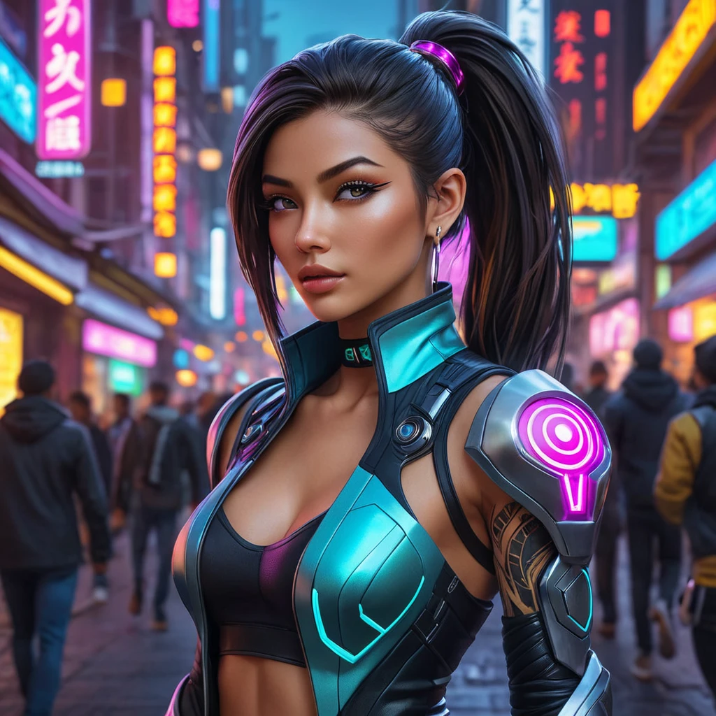 Akali, in a futuristic, cyber-leathered outfit with digital, animated tattoos that glow with neon lights, walking down a bustling, neon-lit street of a cyberpunk city, her eyes sharp and focused as she navigates the crowd.