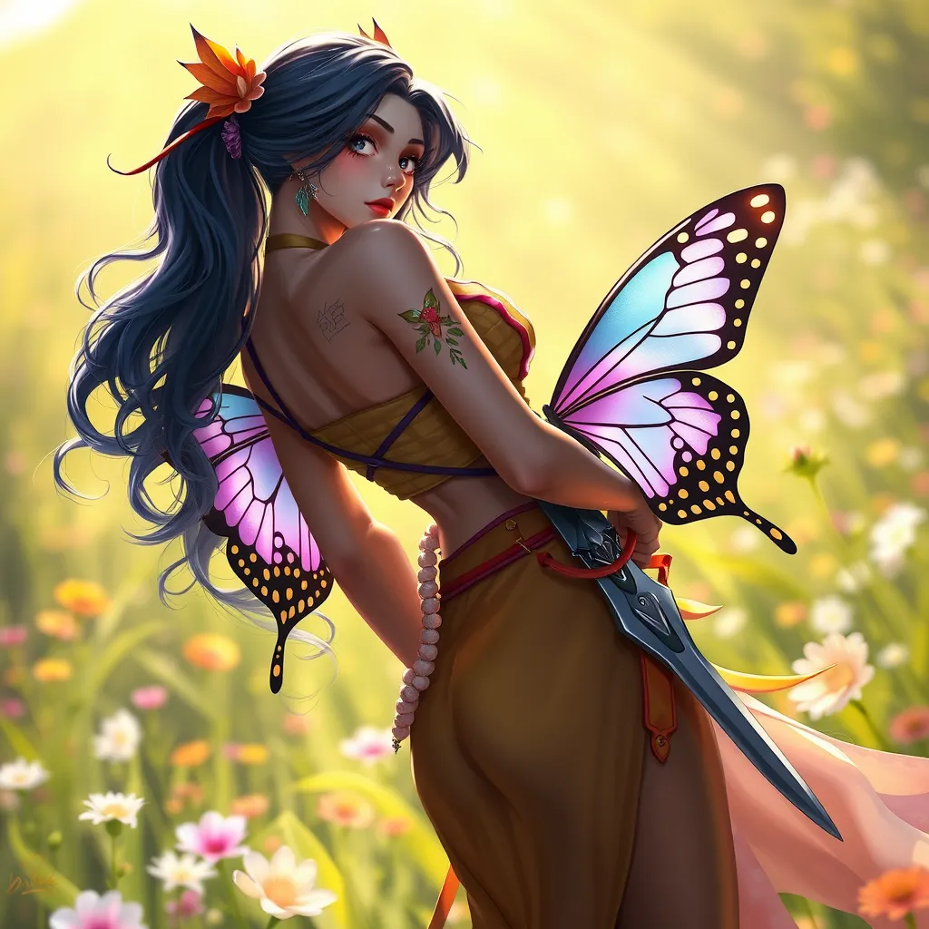 Irelia, with delicate, butterfly tattoos that flutter across her wrists and ankles, dressed in a vibrant, festival-style outfit, standing in a sunlit, flower-filled meadow with her blades sheathed.