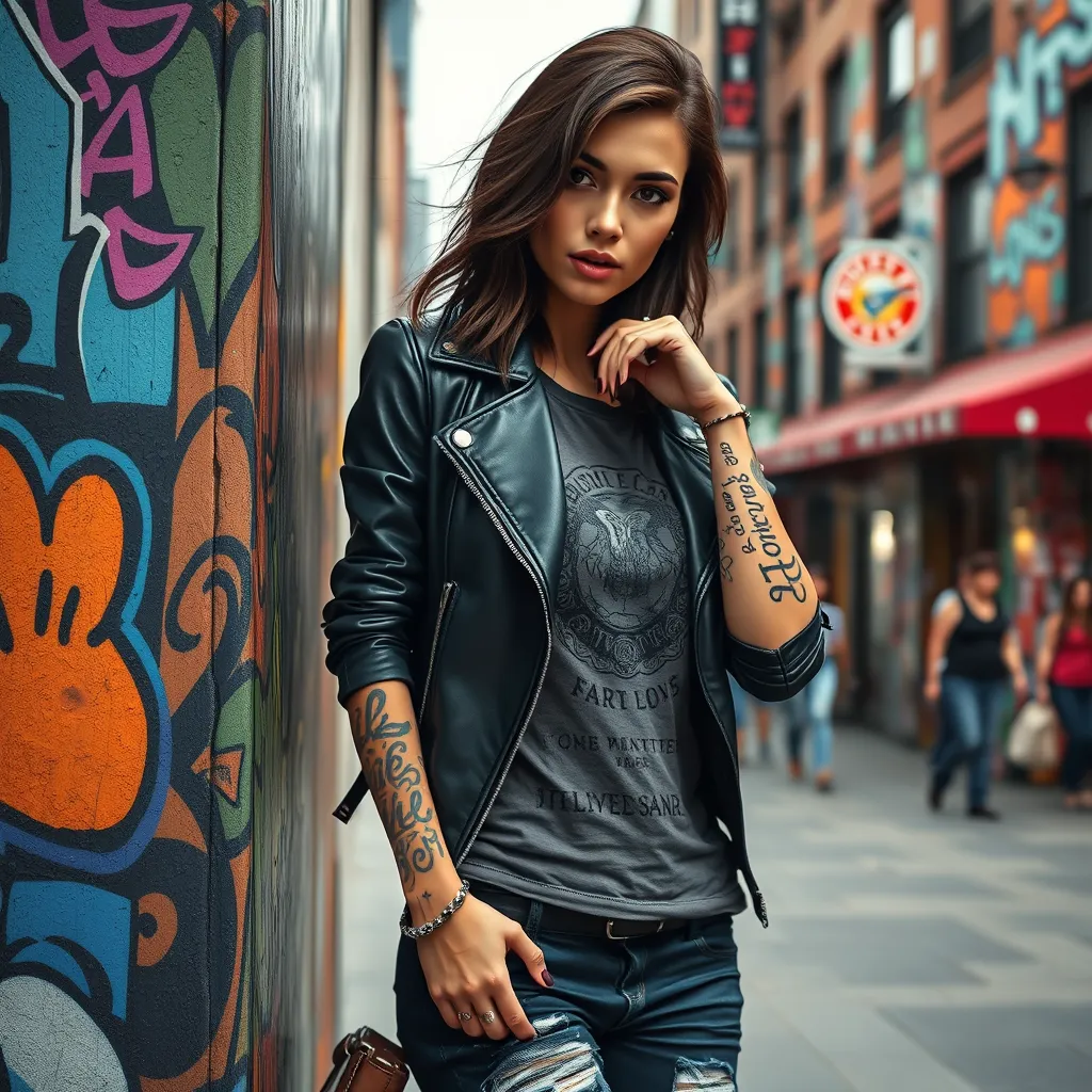 Seraphine, sporting bold, graffiti-style tattoos that spell out lyrics on her forearms, wearing a chic, leather jacket over a graphic tee, leaning against a vibrant, street art-covered wall in a bustling city square.