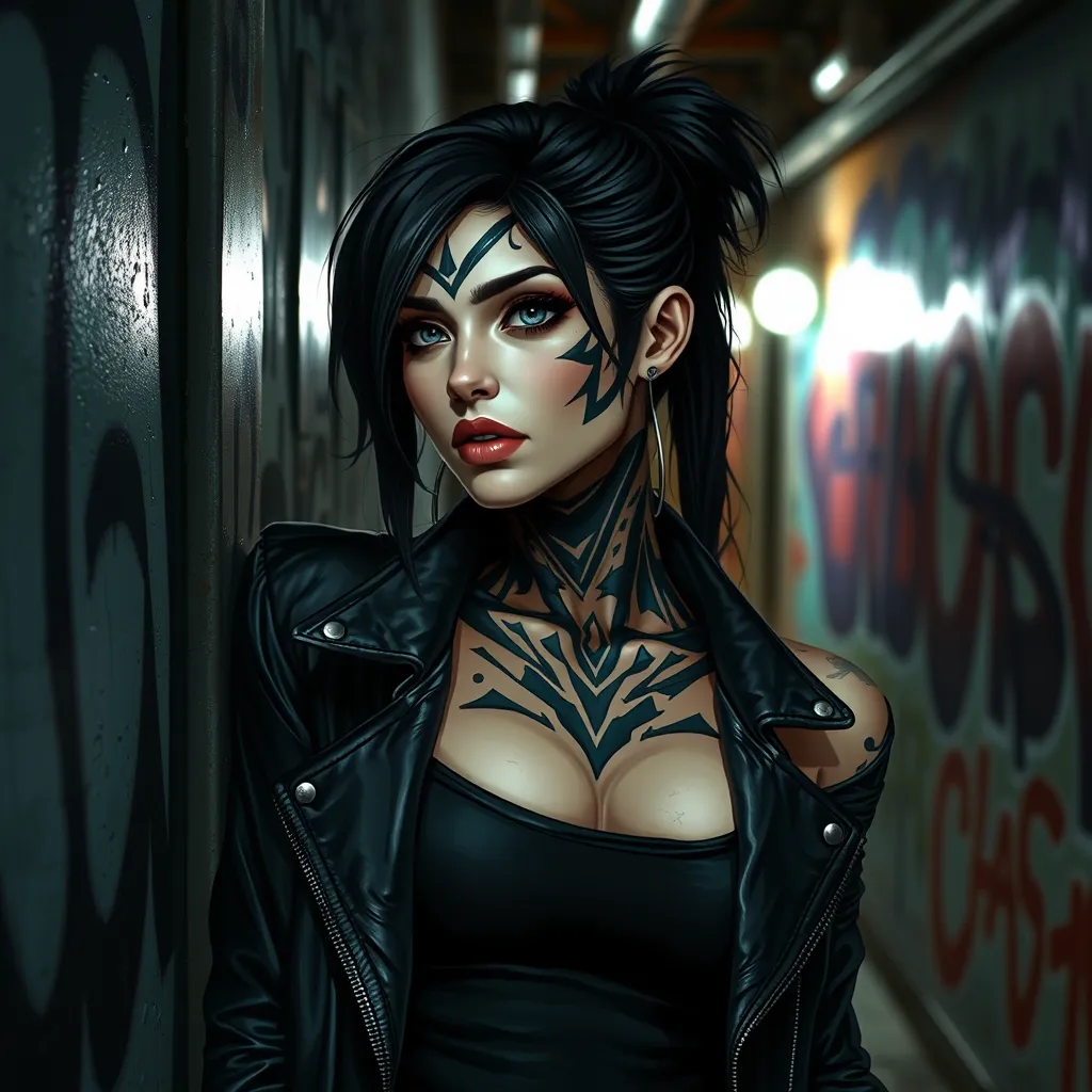 Akali, sporting bold, geometric tattoos that trace the contours of her face and neck, wearing a sleek, leather jacket over a black tank top, leaning against a graffiti-covered wall in a dimly lit, industrial alleyway.