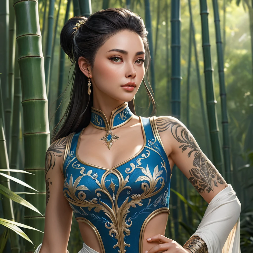 Irelia, the graceful bladesinger, with elegant, floral-inspired tattoos that cover her arms and back, wearing a traditional, Ionian-style outfit with a high collar, standing in a serene, bamboo forest with her blades poised.