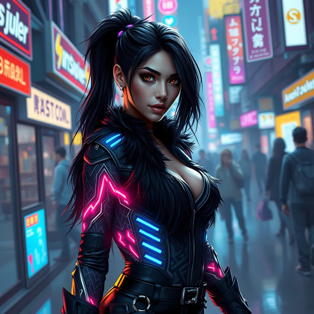 Akali, in a futuristic, cyber-leathered outfit with digital, animated tattoos that glow with neon lights, walking down a bustling, neon-lit street of a cyberpunk city, her eyes sharp and focused as she navigates the crowd.