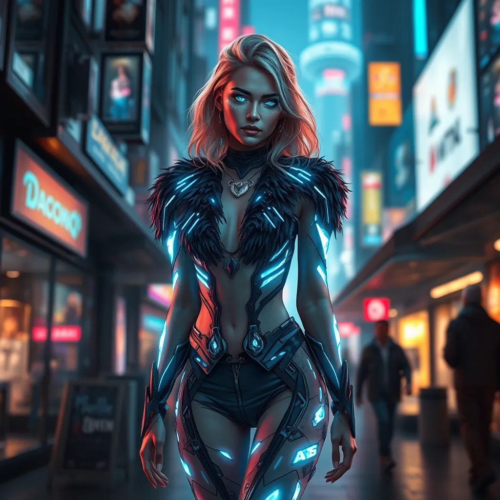 Kayle, in a futuristic, cyber-leathered outfit with digital, animated tattoos that glow with celestial energy, walking down a bustling, neon-lit street of a utopian city, her eyes shining with a benevolent light.